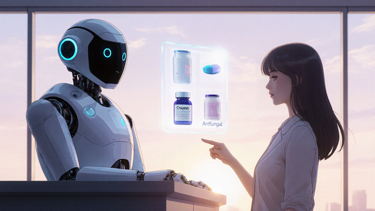 Woman consulting a pharmacist robot, holographic panel shows treatment options.