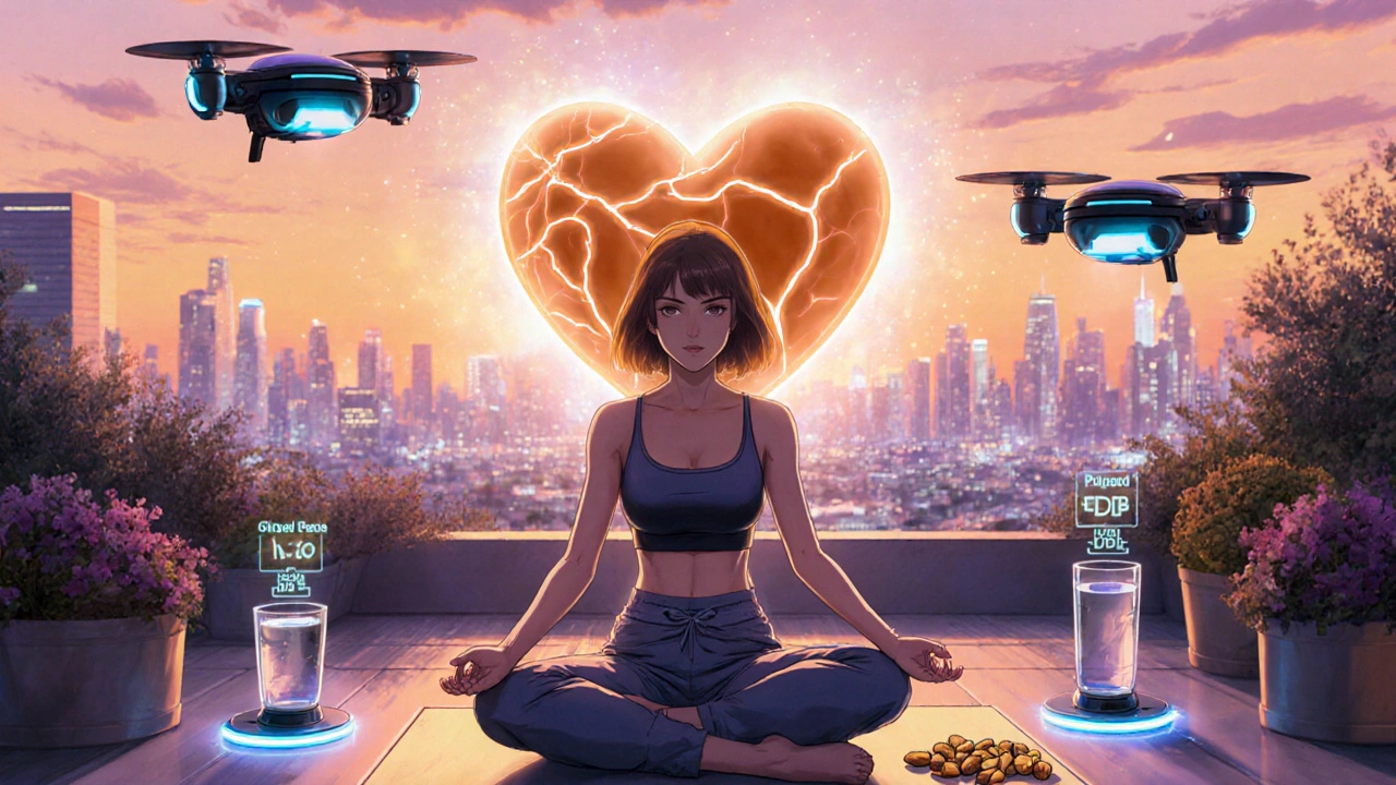 Woman doing yoga on rooftop, drones delivering healthy foods, heart hologram shows smooth blood flow.