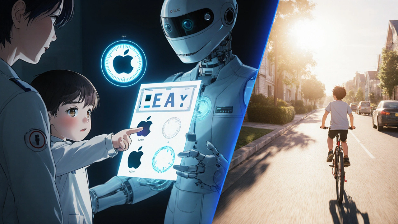 A child taking a vision test with symbols, growing up to see clearly in sunlight.