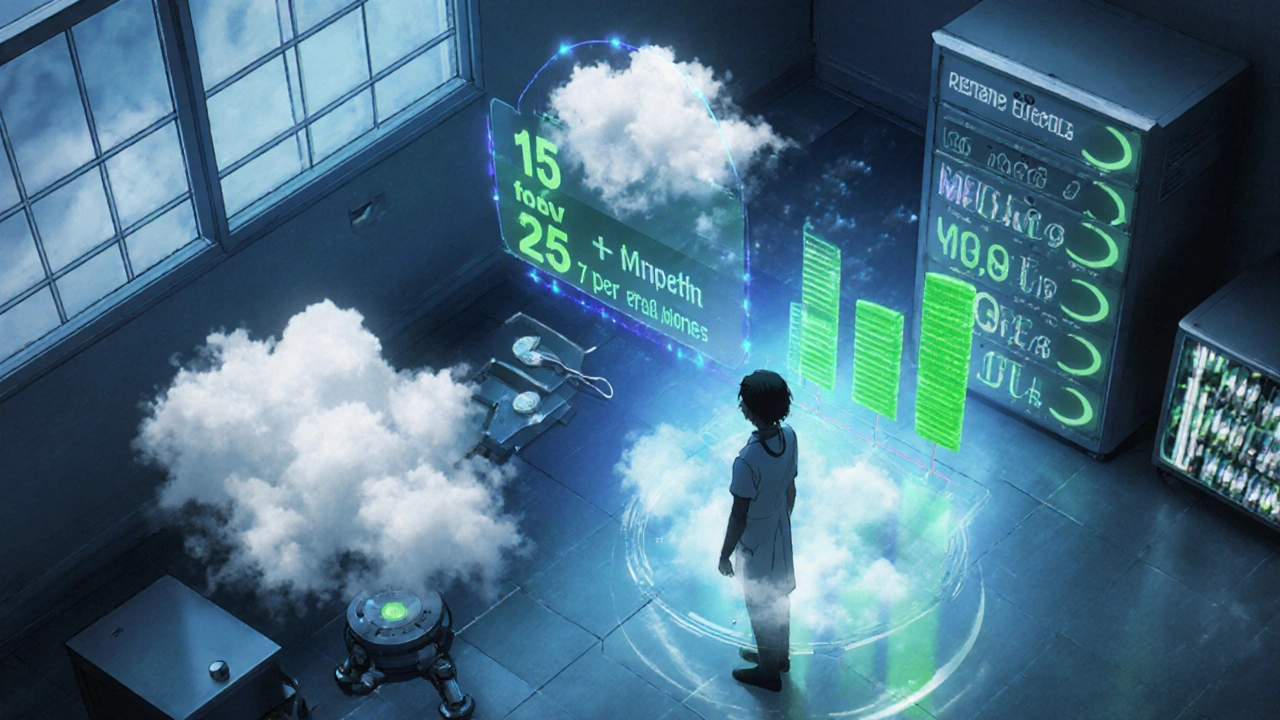A doctor and patient viewing holographic data showing reduced migraine frequency with steady dosage progression.