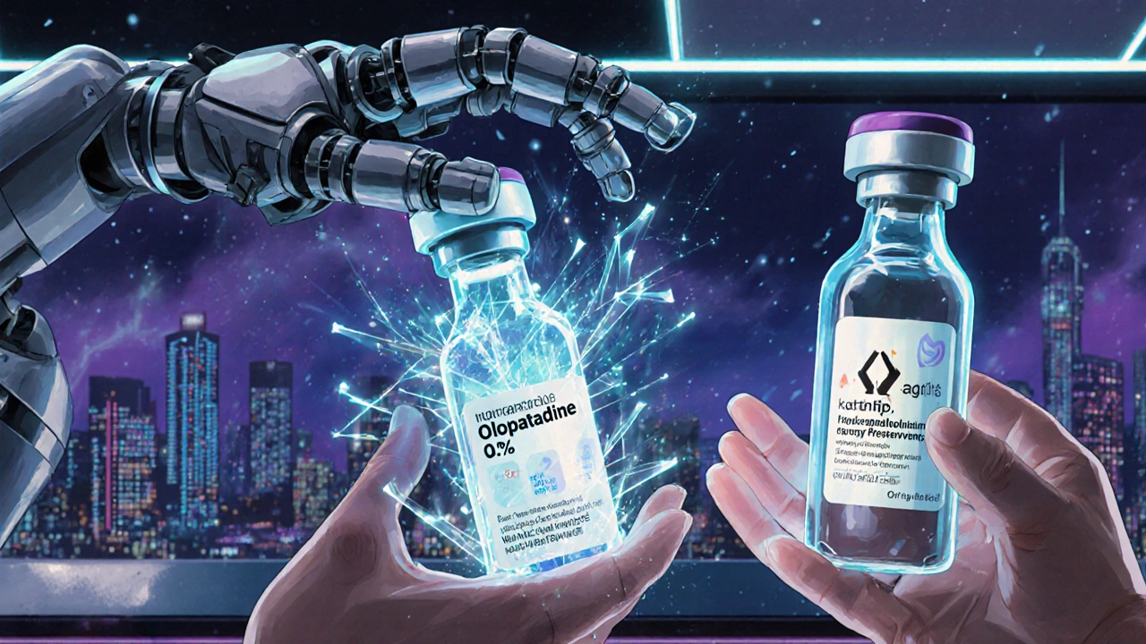A futuristic pharmacy with robotic arms dispensing eye drop vials under neon lights and holographic warnings.