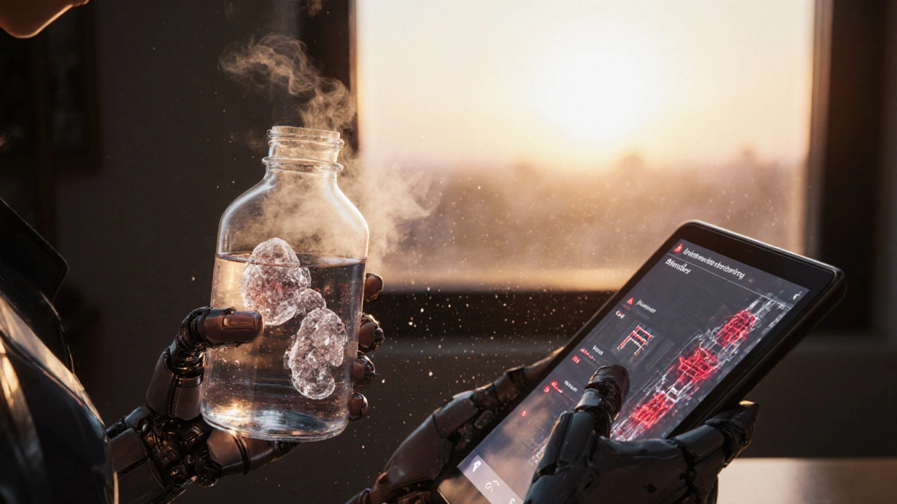 A hand holding water with crystalline kidney stone formation and warning signals on a neural interface.
