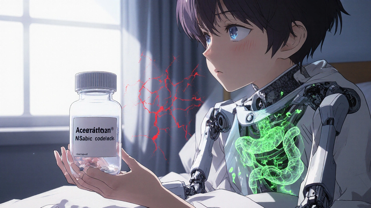 A hand holds acetaminophen beside a broken NSAID bottle, with healthy tissue glowing green in a robotic overlay.