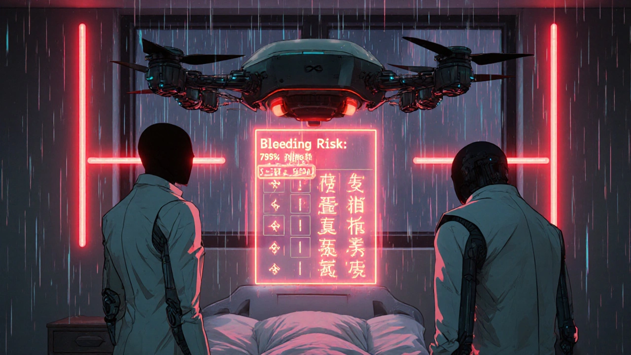 A medical drone projects a bleeding risk warning above a hospital bed, while doctors ignore the alert.
