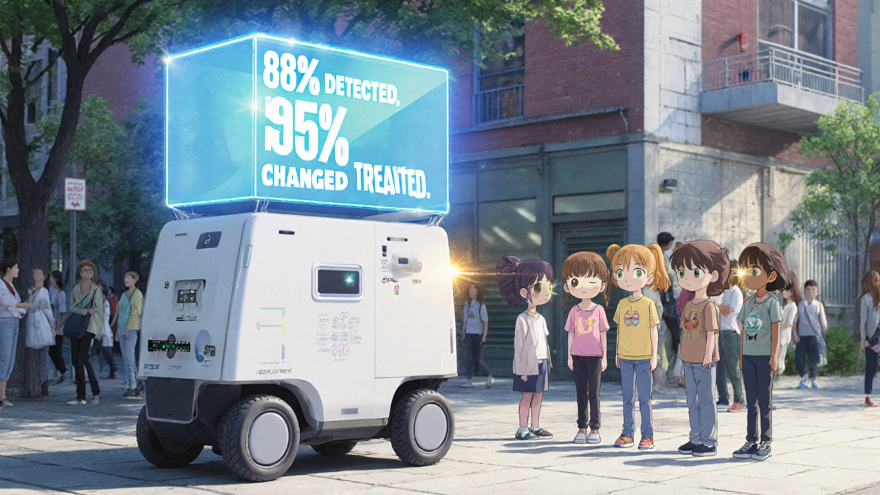 A mobile robotic screening unit serving diverse children in a community setting.