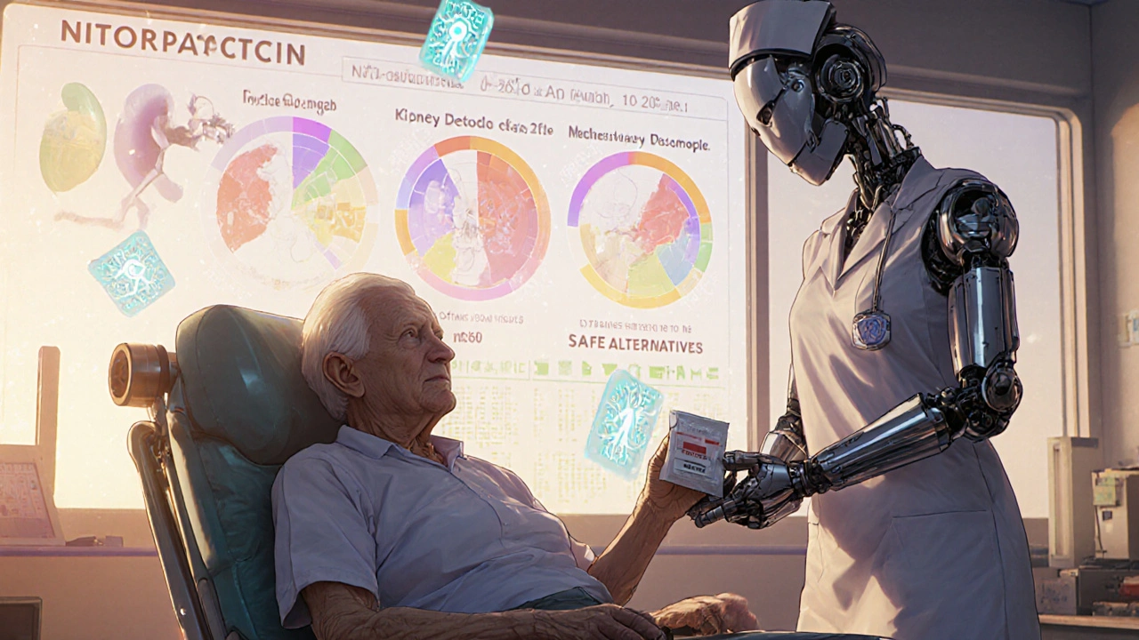 An elderly patient being assisted by a nurse robot, with medical data showing safe antibiotic alternatives.