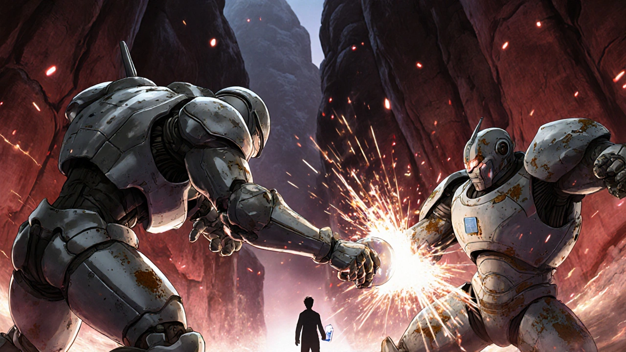 Armored E. coli bacteria battling in a urinary tract landscape, with nitrofurantoin defeating resistant strains.