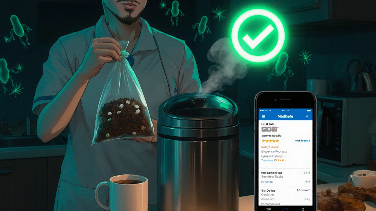 Caregiver disposing of antibiotics in trash mixed with coffee grounds at night