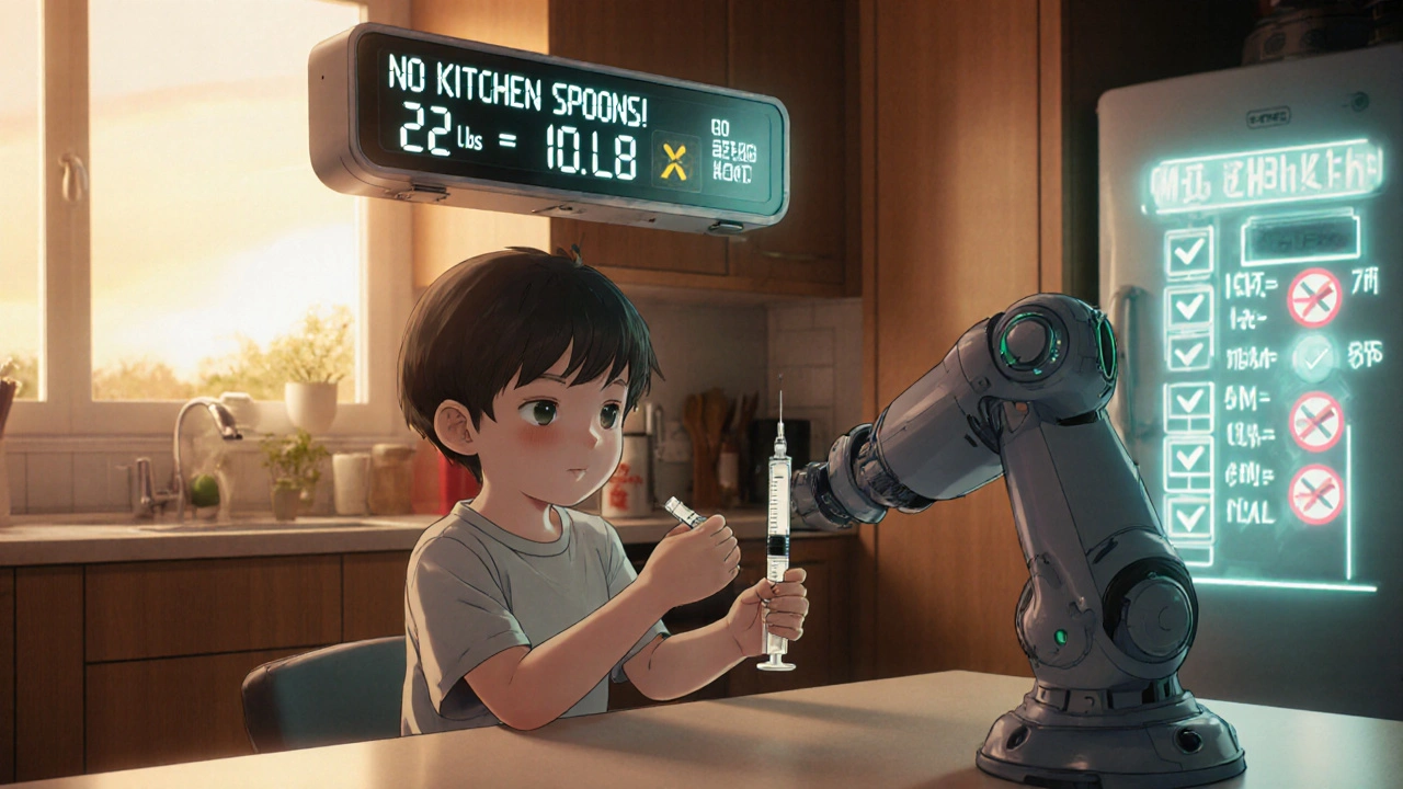 Child using a syringe in a high-tech kitchen with digital weight conversion and dosage warnings displayed.