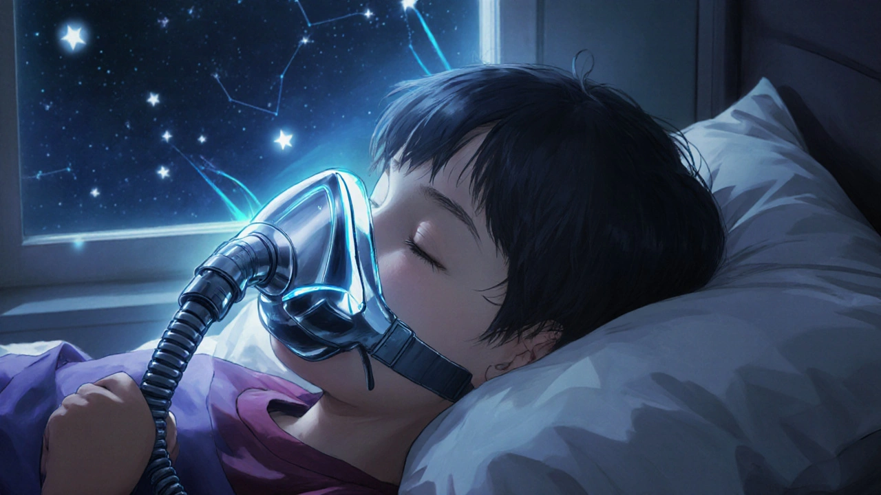 Child wearing a futuristic CPAP mask emitting blue air pressure waves while sleeping peacefully.