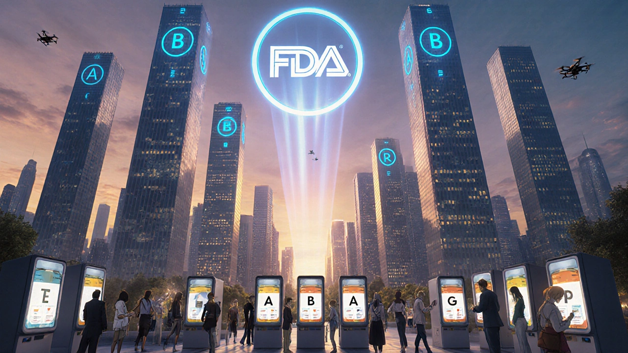 City skyline with TE Code symbols shining in the sky as patients receive generic prescriptions from kiosks.