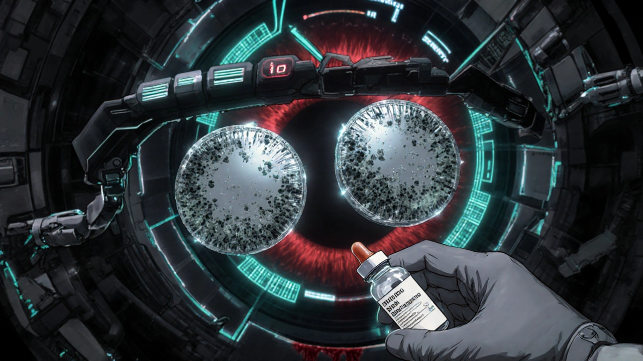 Contact lenses coated in bacteria with a biomechanical eye monitor showing rising pressure, a preservative-free vial approaching.