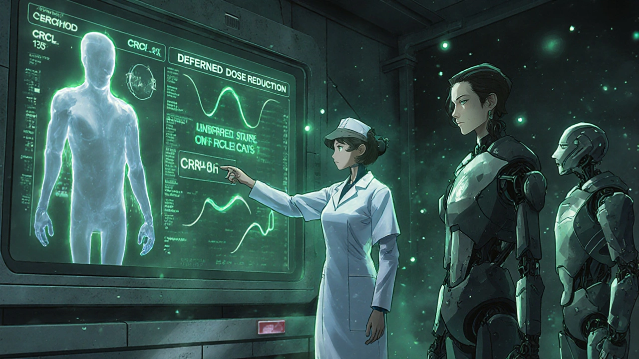 Futuristic hospital room with holographic patient data and pharmacist guiding dosing protocol.