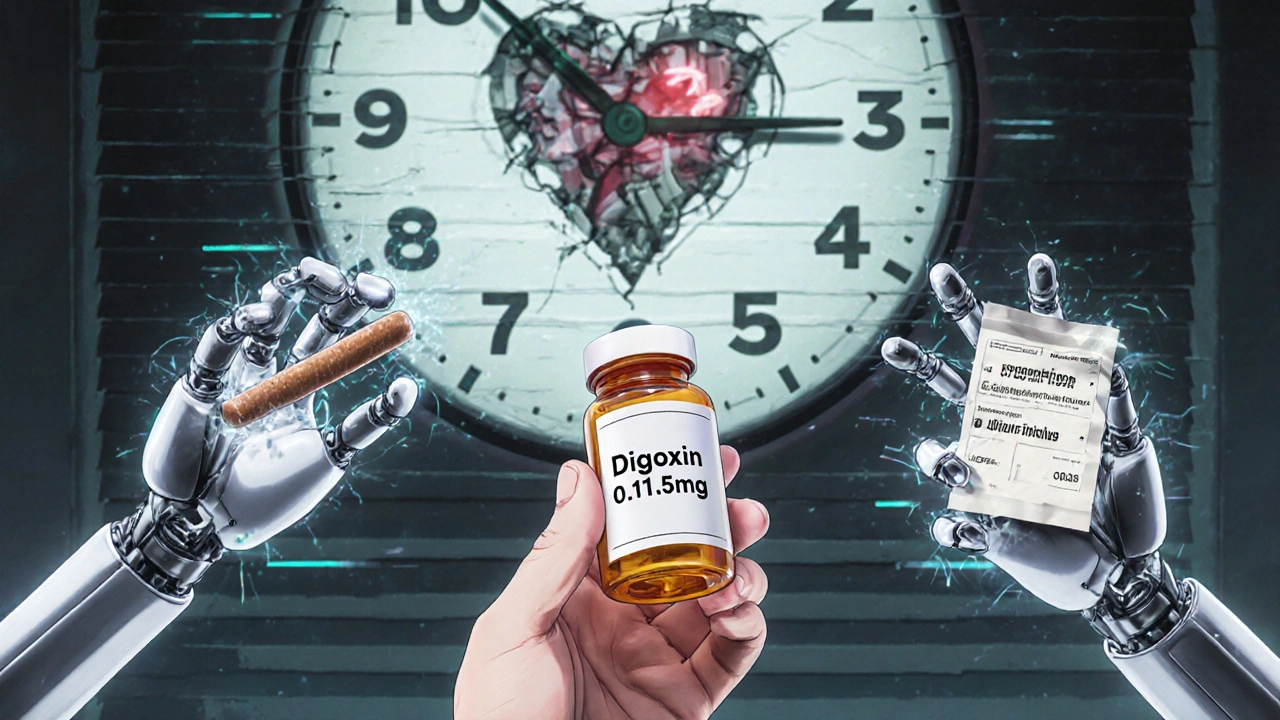 Hand reaching for digoxin pill as ghostly robotic hands block it with licorice, fiber, and medication warnings.