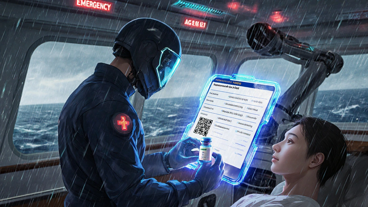 Medic administering insulin from a cooling case during a storm on a cruise ship with holographic data.
