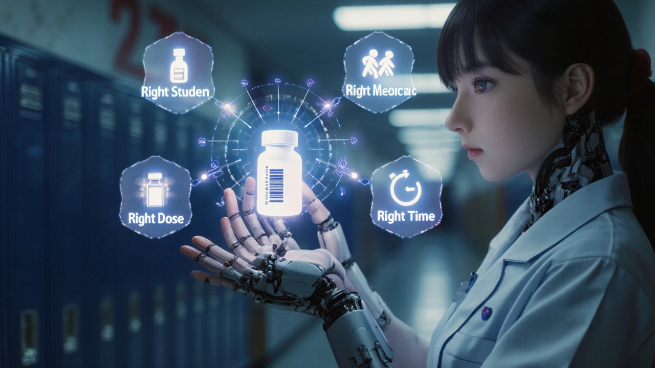 Nurse verifies medication using a holographic system showing the 5 Rights of safe administration.