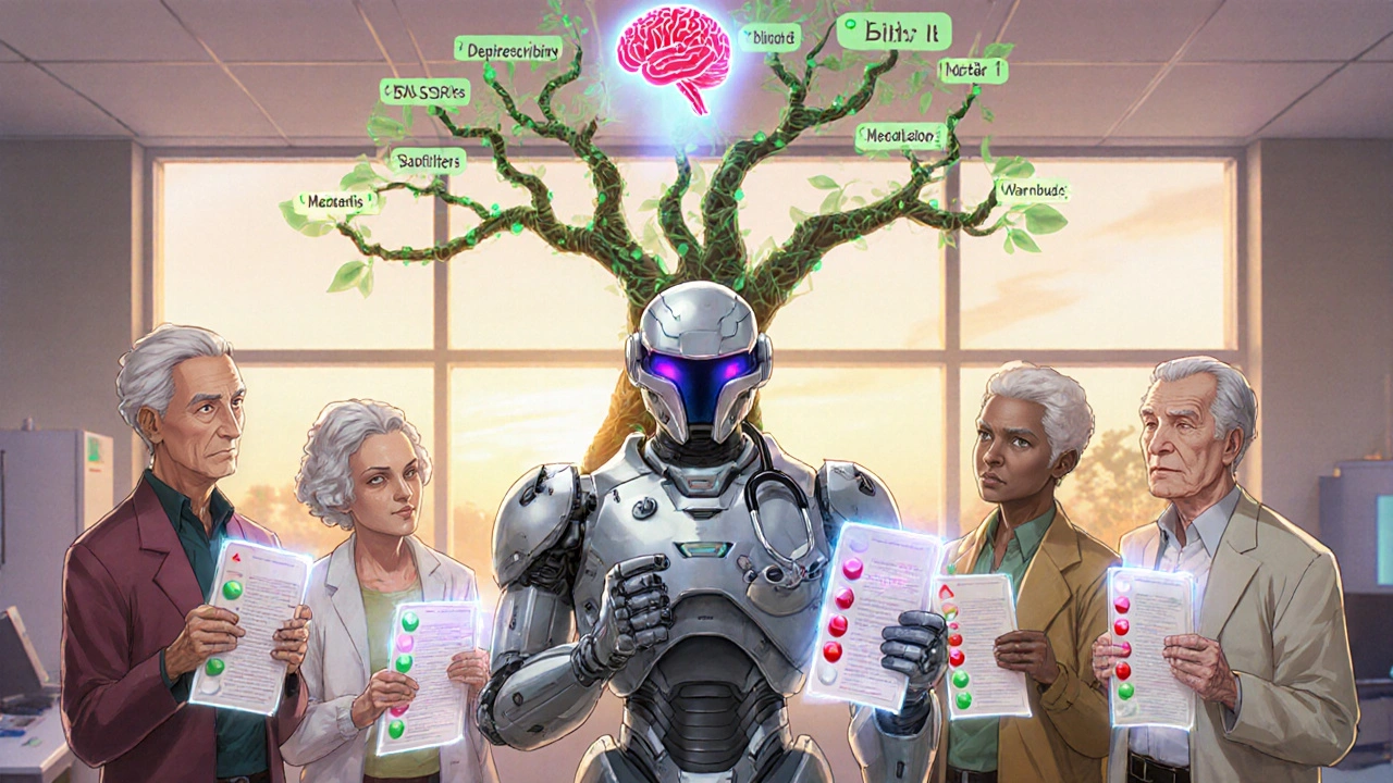 Older adults in a clinic with holographic medication warnings, a doctor figure scanning their data.