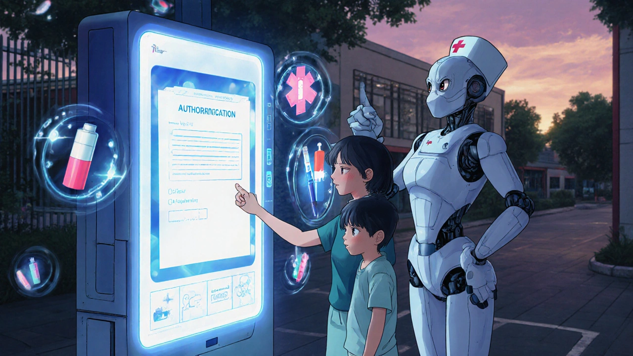 Parent and child submit medication form at a glowing school kiosk as robot nurse confirms approval.