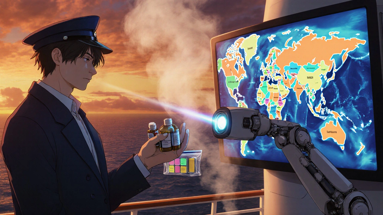 Passenger presenting labeled meds to a robotic customs officer on a cruise ship deck at sunset.