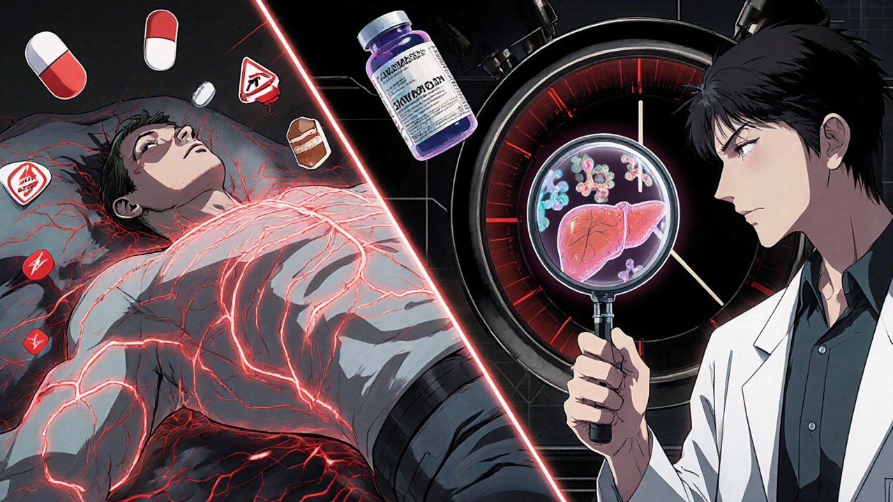 Patient collapsing with drug icons glowing red, pharmacist examining supplement bottle.