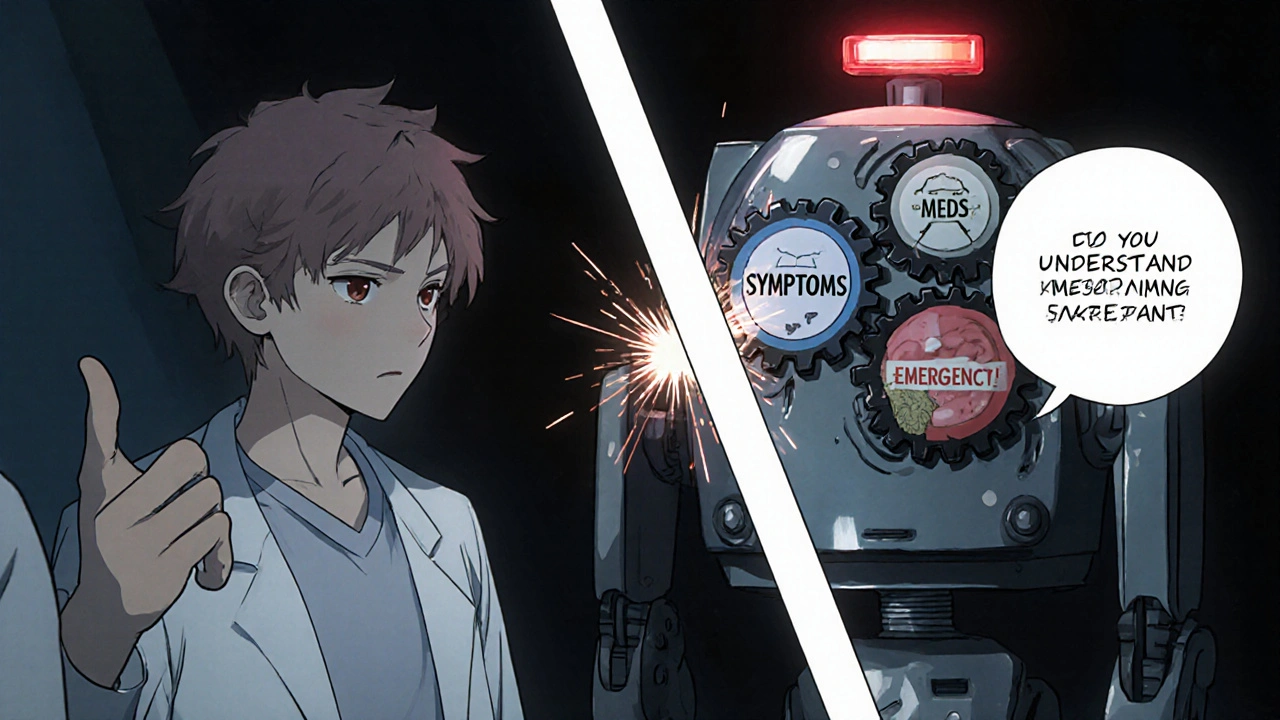 Patient nods yes to doctor while brain robot malfunctions with mislabeled medical gears.