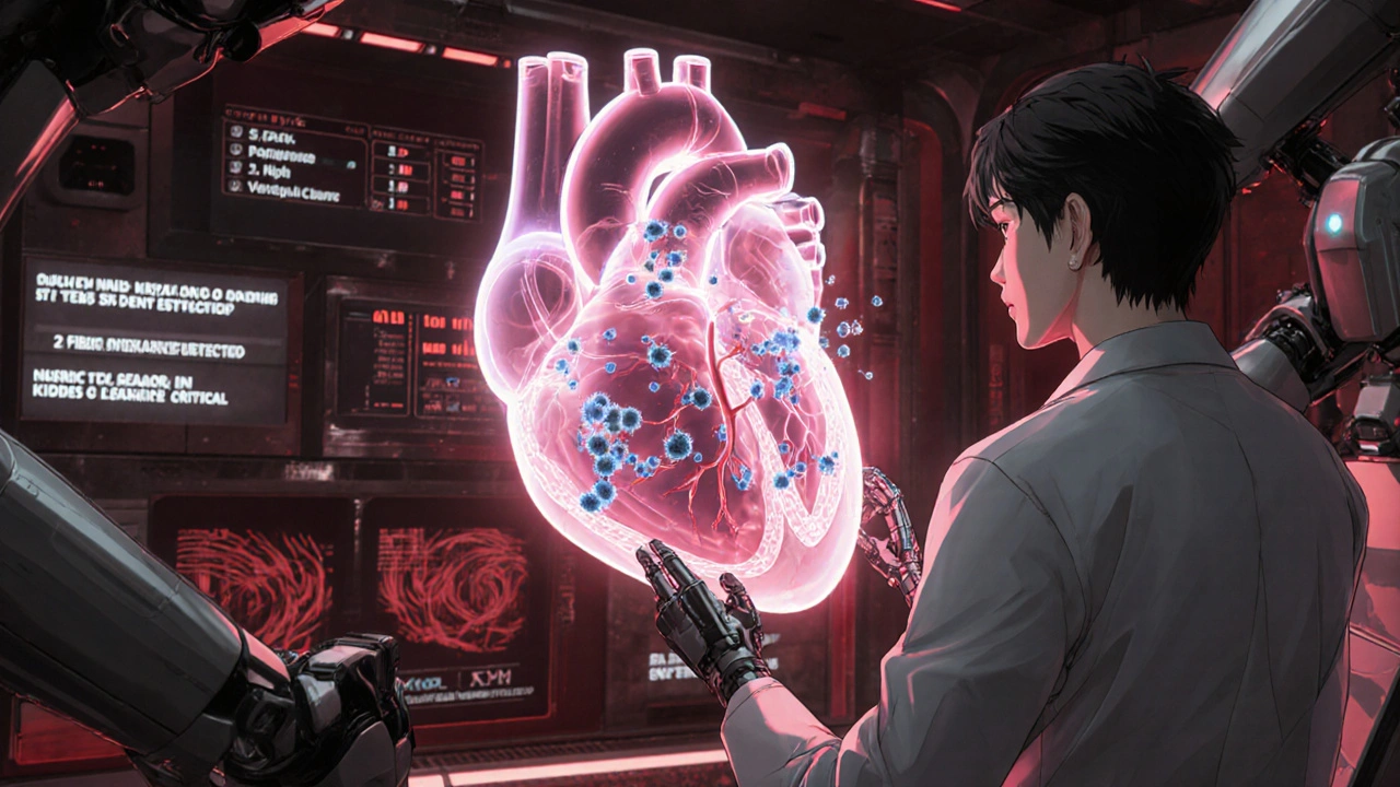 Pharmacist analyzing a 3D heart model with digoxin molecules under attack by interacting substances and low potassium.