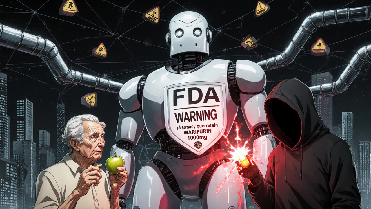 Pharmacy robot protects patient eating food from quercetin capsule emitting danger waves.