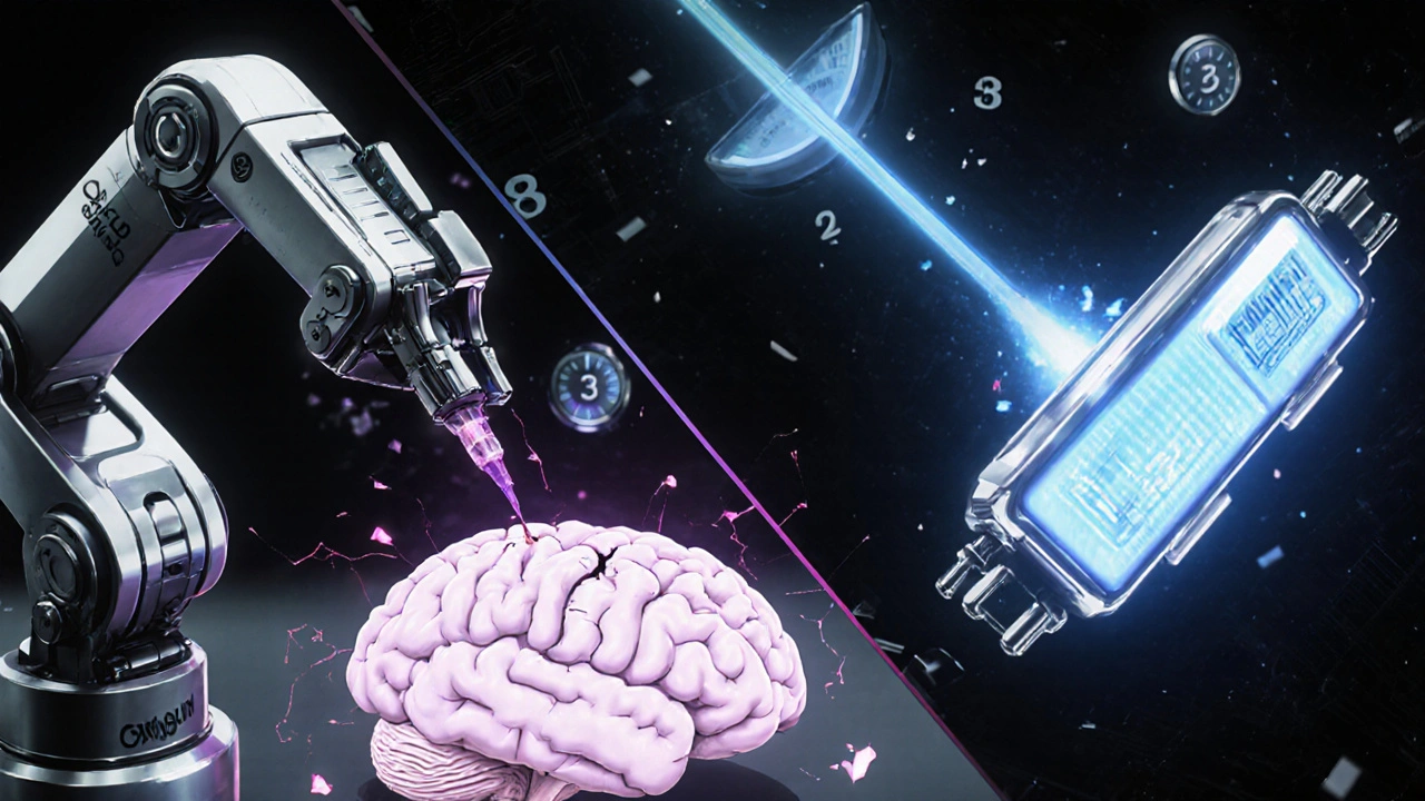 Robotic arm injecting dark fluid into a shrinking brain model, contrasted with a healing blue device.