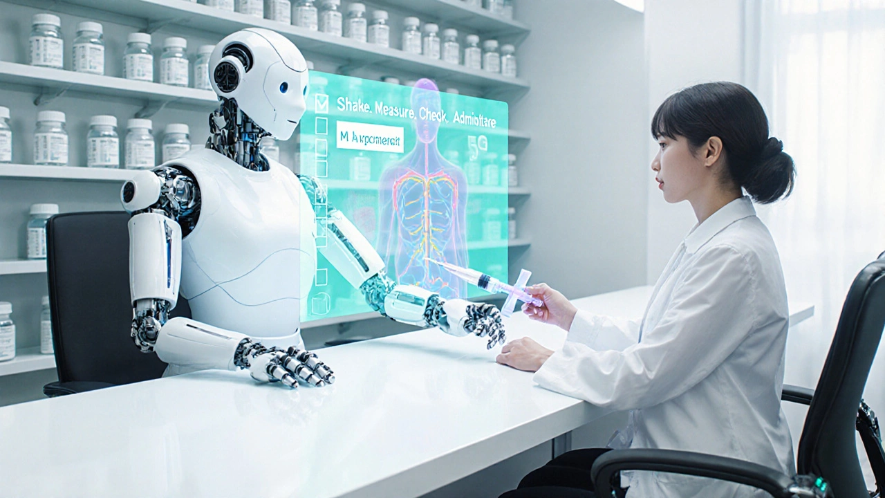 Robotic pharmacist handing a glowing oral syringe to a parent at a futuristic pharmacy counter.