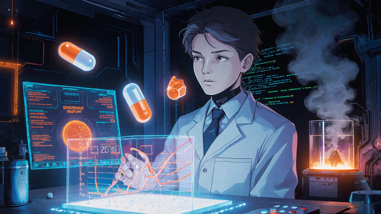 Scientist analyzing bioequivalence data with holographic pill and bloodstream models in a high-tech lab.