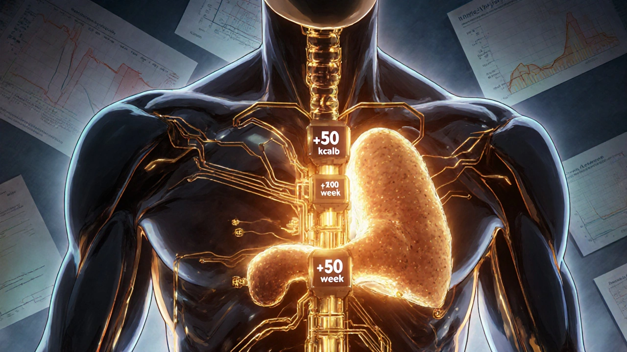 Someone gradually rebuilding their metabolism with precise calorie increases, as glowing circuits reactivate in their body.