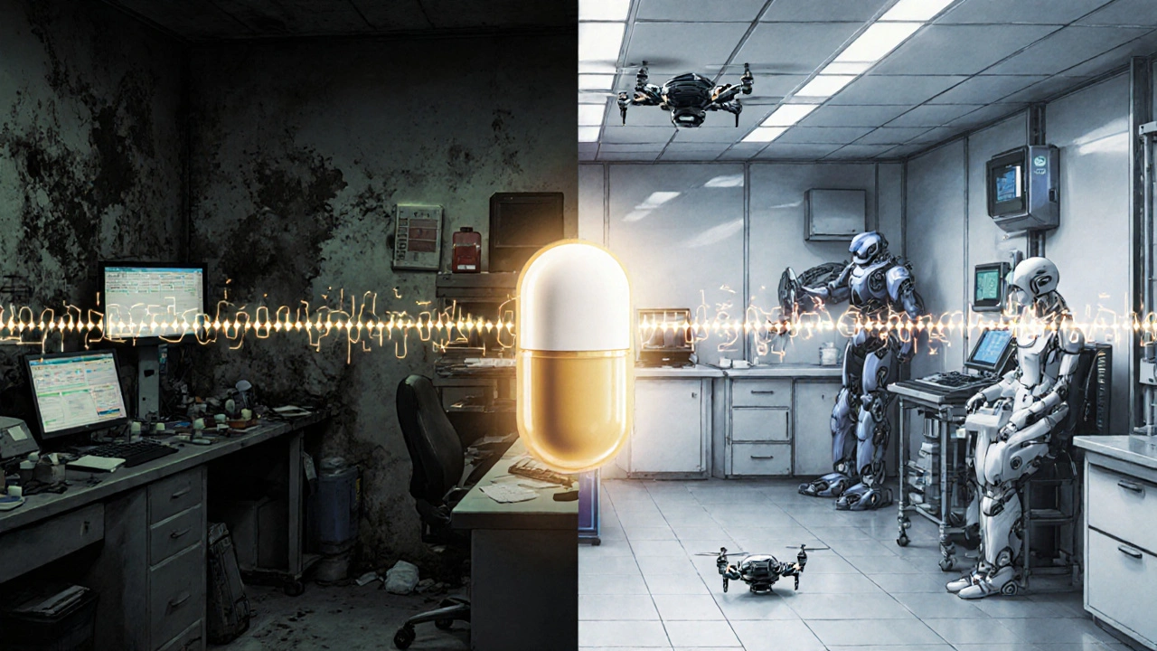 Split scene: chaotic old lab vs. advanced robotic cleanroom, a single pill floats between them symbolizing safe medication.