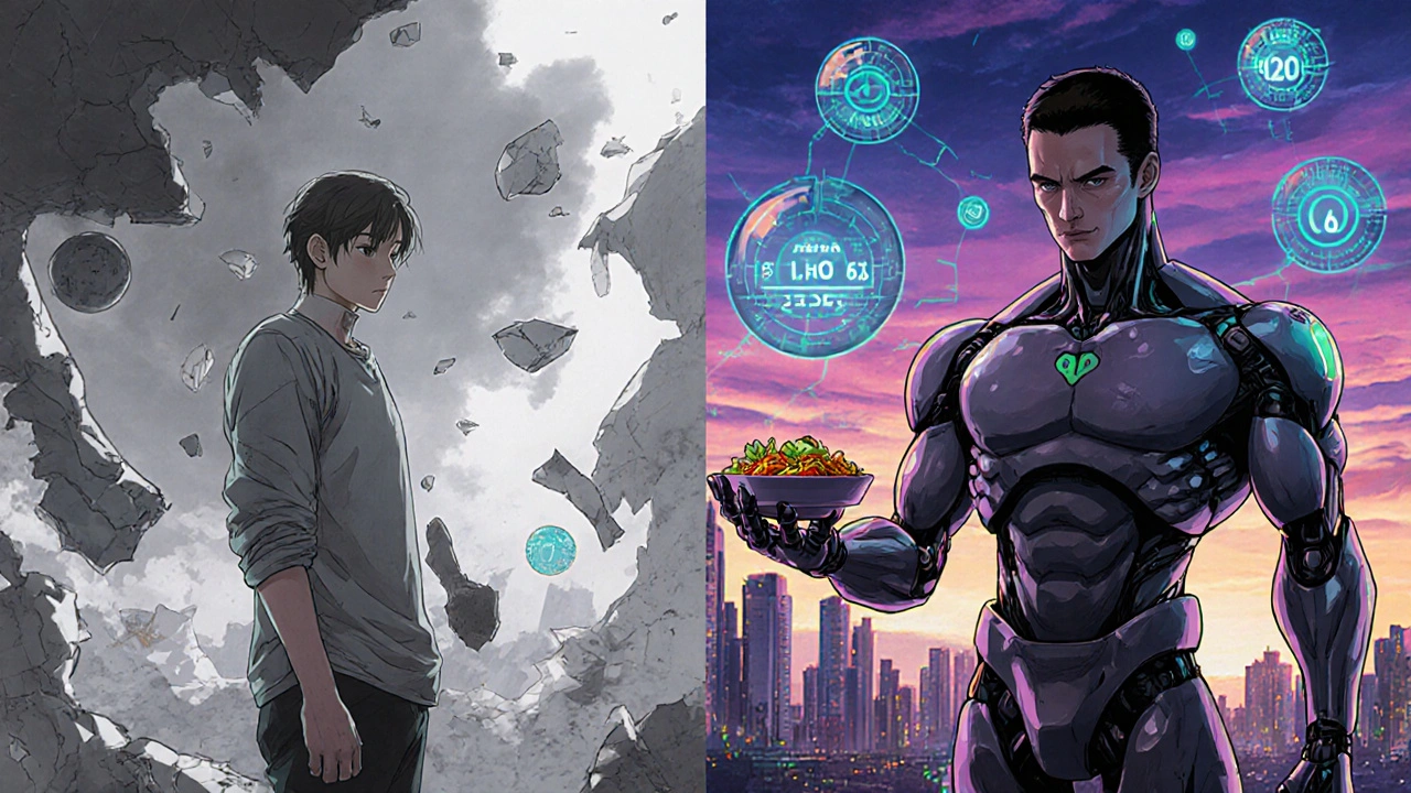 Split scene: exhausted figure on left, revitalized person with thriving metabolism on right, symbolizing metabolic recovery.