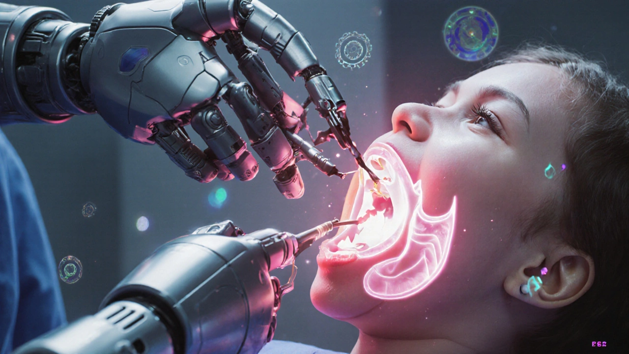 Surgical robot removing mechanical tonsils and adenoids with holographic medical data in the background.