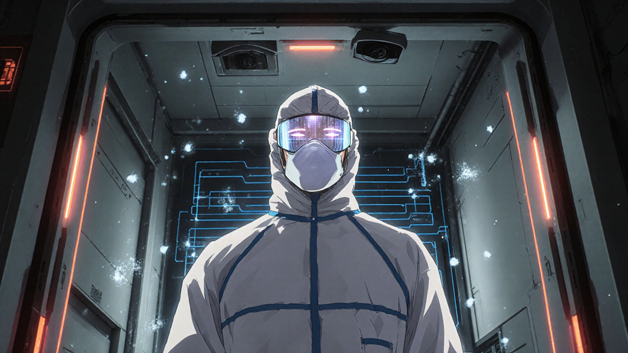 Technician in sealed gown undergoes sterile gowning with holographic contamination alerts and AI surveillance scanning their movements.