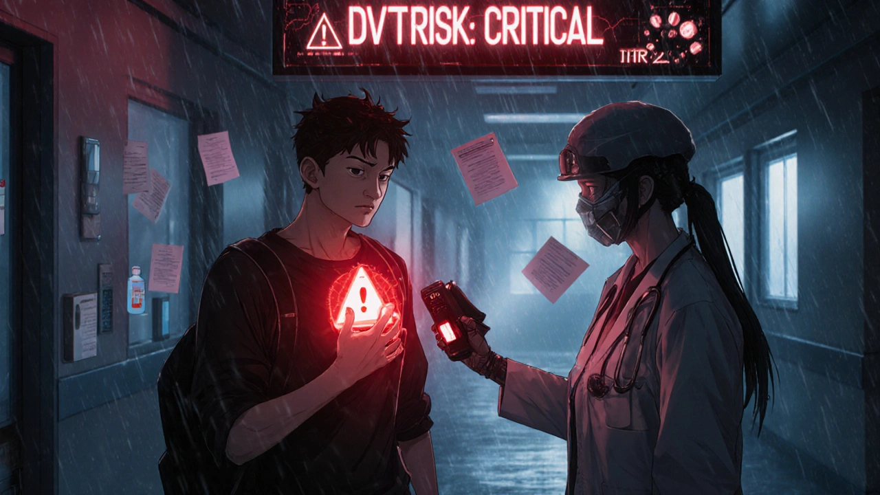 Traveler in foreign hospital with glowing heart warning and holographic blood flow readout, medical staff scanning them.