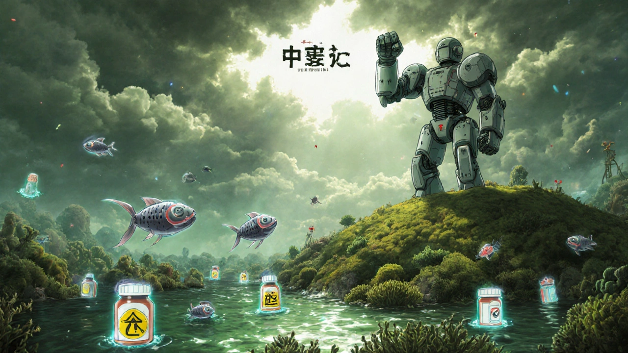 Underwater scene of antibiotic-resistant bacteria in polluted river with robotic guardian