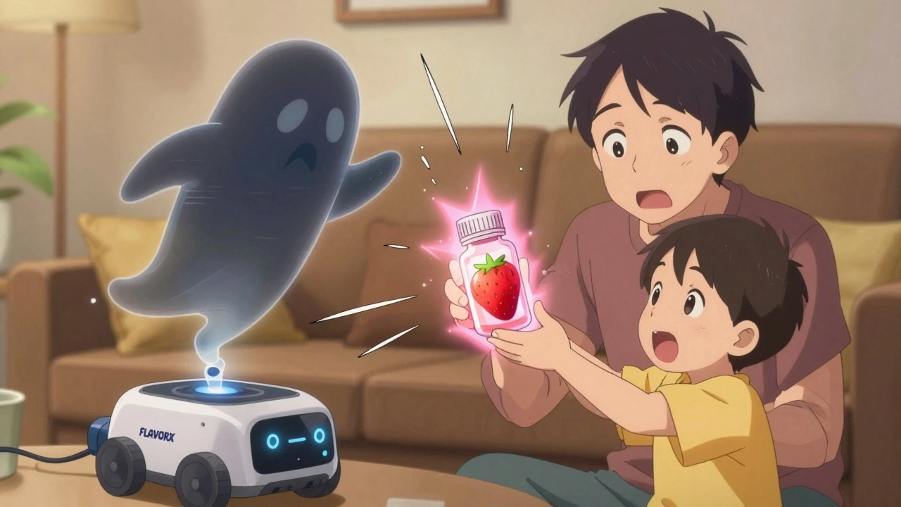 A child gives a flavored medicine bottle to a parent as a bitter taste ghost is sucked into a tiny robot, surrounded by a strawberry-flavored aura.