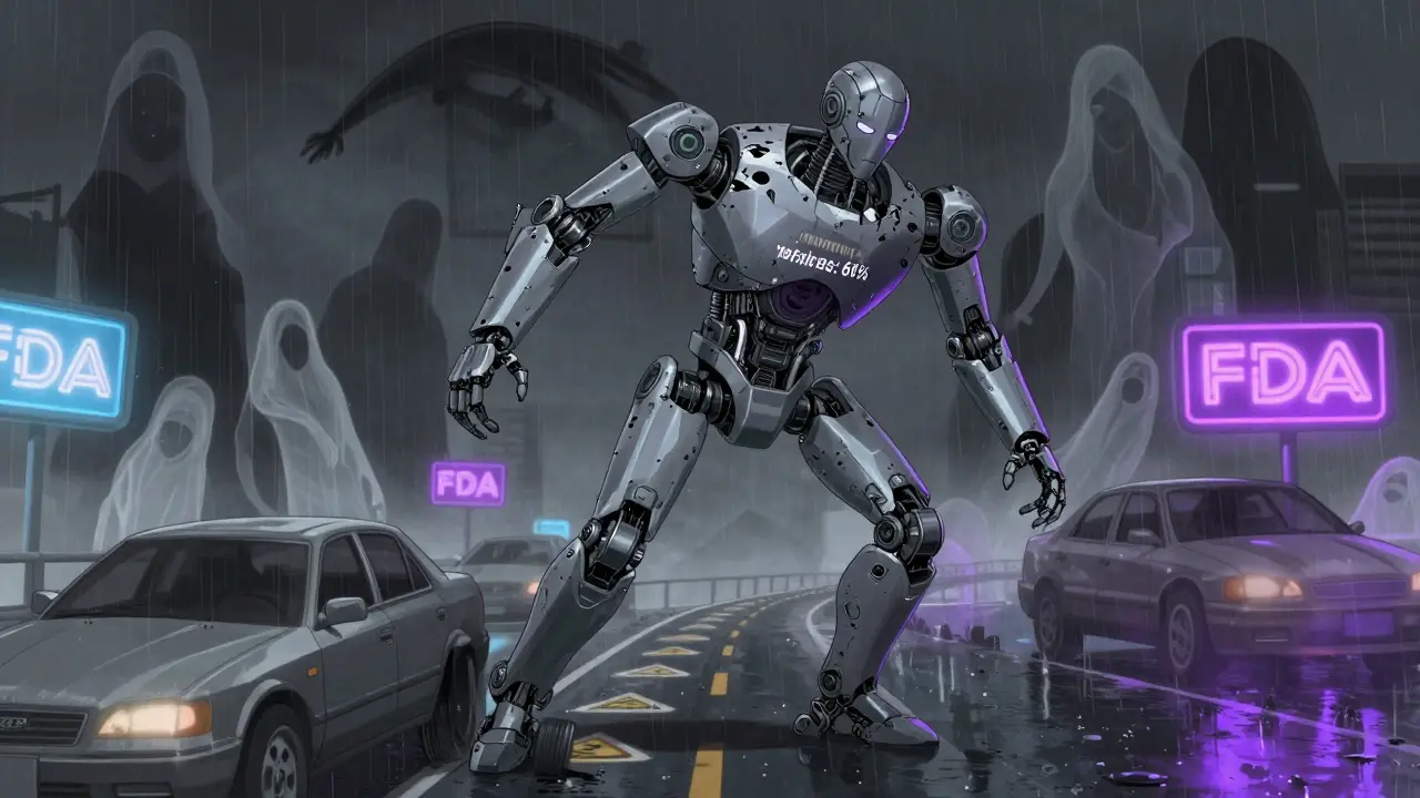 A collapsing robot labeled 'Z-DRUG' surrounded by ghostly sleep-driving vehicles and FDA warnings under neon rain.