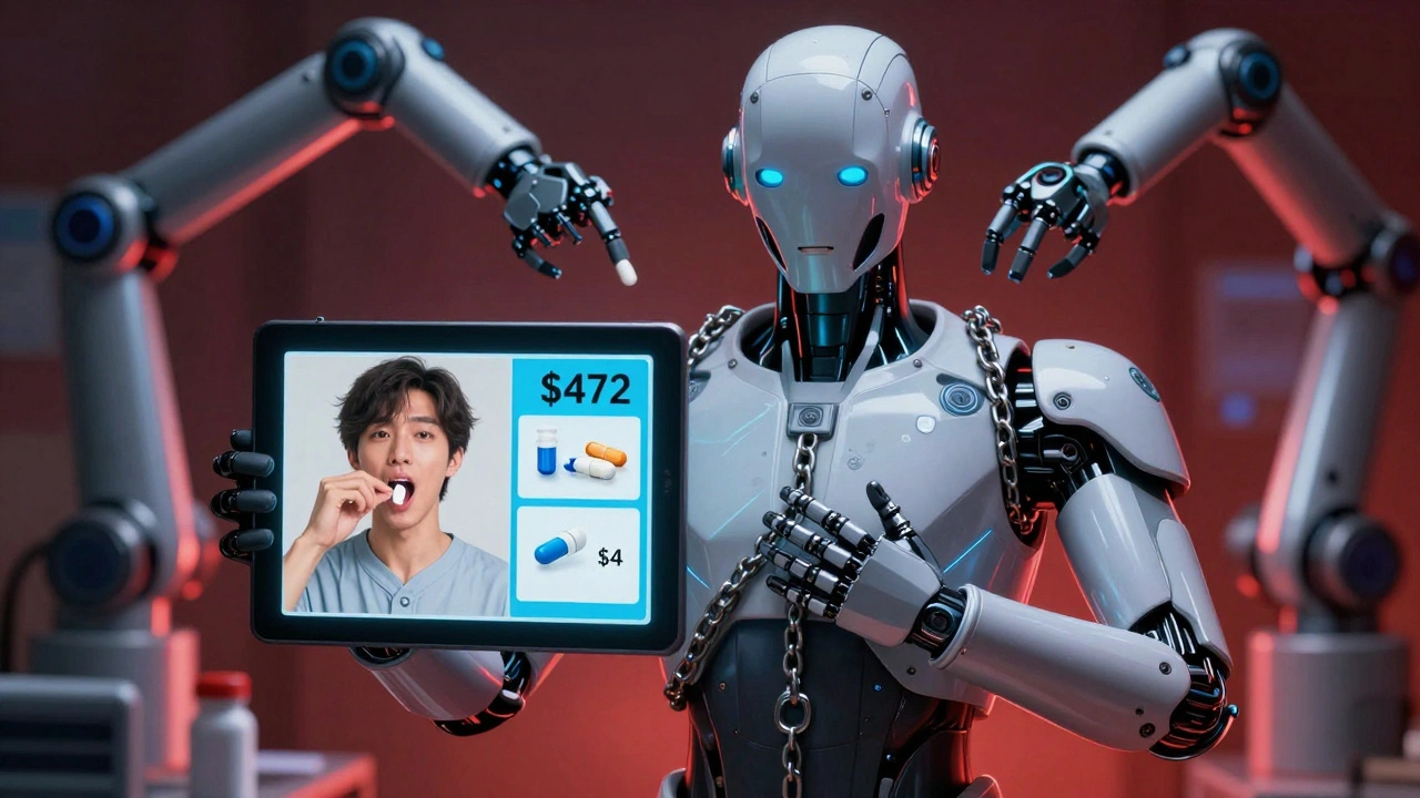 A doctor shows a patient two options: one costly combo pill versus two cheap generics, with corporate arms tightening around them.