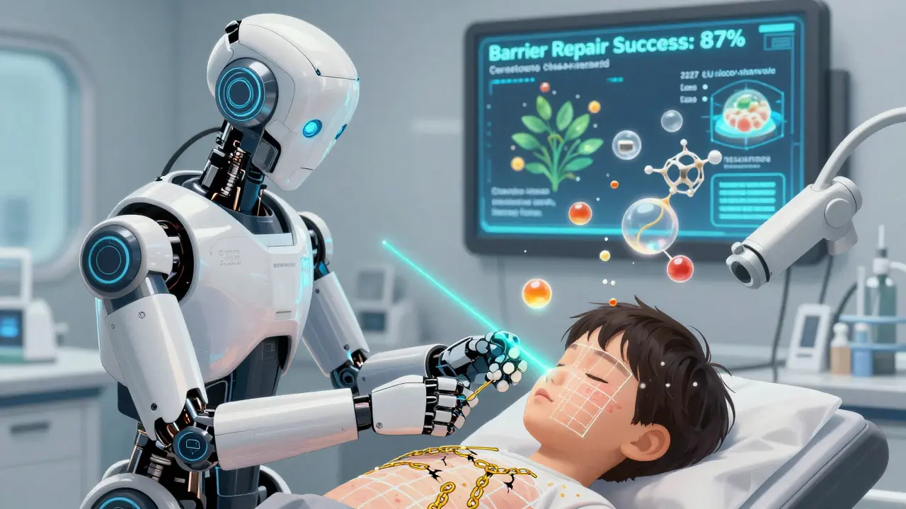 A futuristic lab assembling personalized ceramide cream from molecular components for a child.