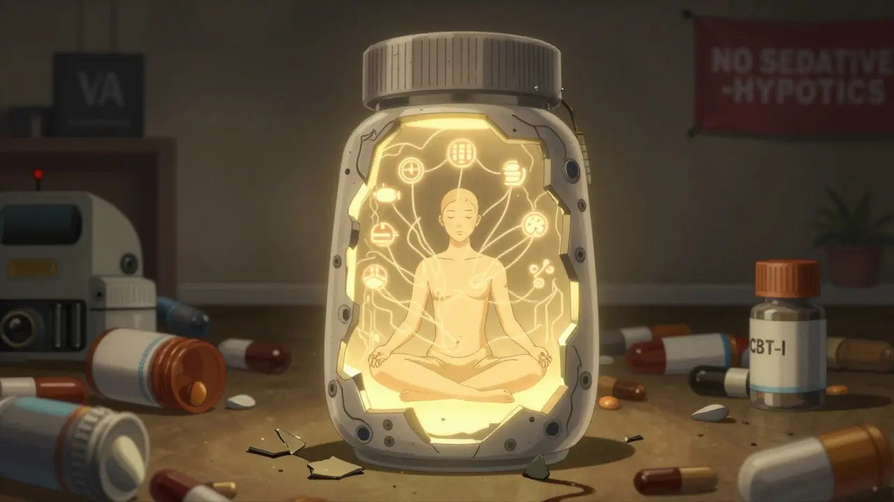 A glowing CBT-I therapy pod rising from broken pill bottles, emitting golden neural light as a meditating figure rests inside.