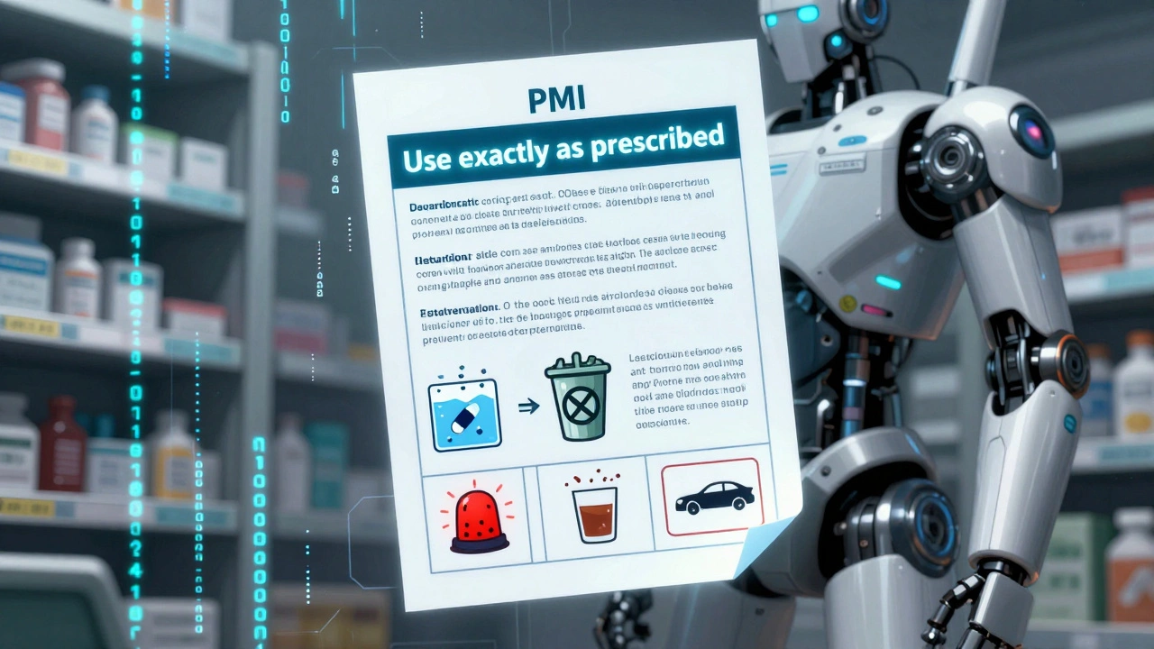 A glowing PMI document floats with safety icons, showing clear dosing and disposal instructions.