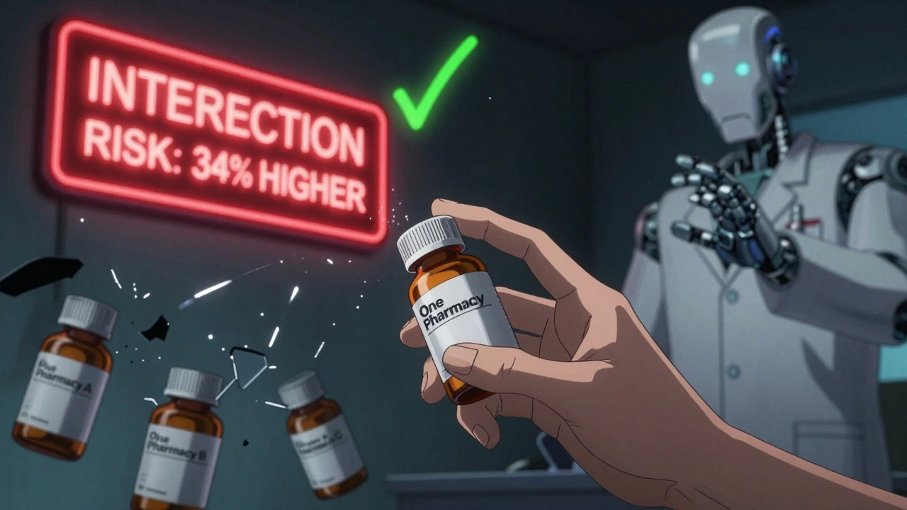 A hand reaches for one pill bottle as fragmented pharmacy bottles shatter into sparks, replaced by a green safety checkmark.