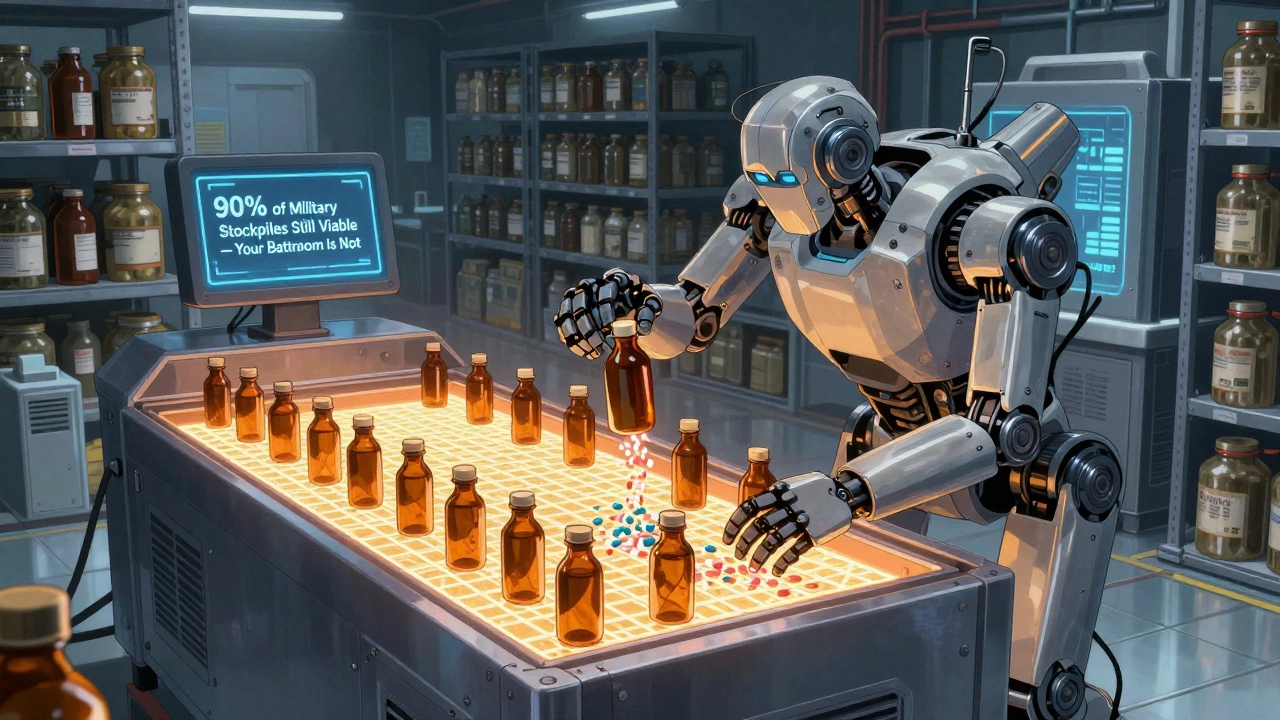 A high-tech facility disposes of expired drugs, isolating toxic ones in containment fields under glowing grids.