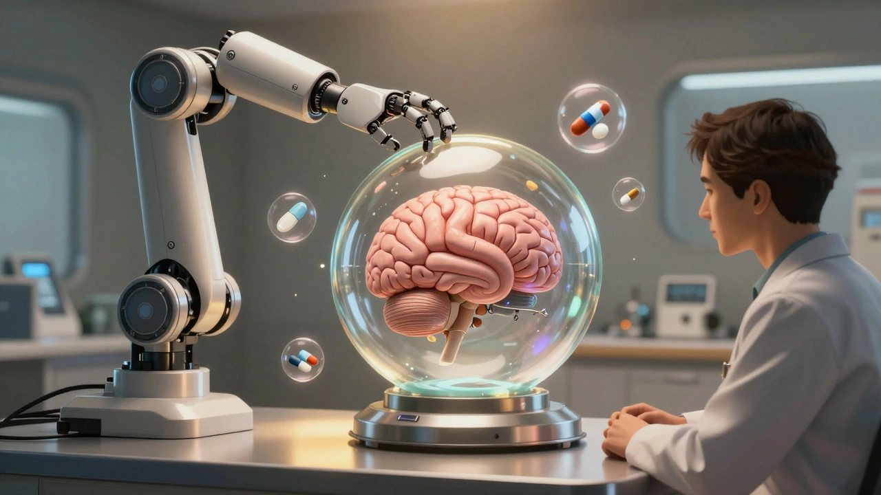 A neurologist adjusting a robotic brain model showing chemical balance, surrounded by alternative treatment icons.