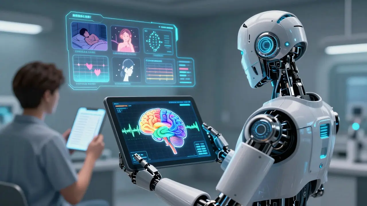 A neurologist viewing a holographic brain map from an AI-diagnosed EEG on a futuristic tablet.