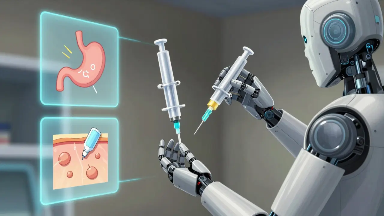 A patient choosing a topical patch over an injection, with floating data panels showing side effects.