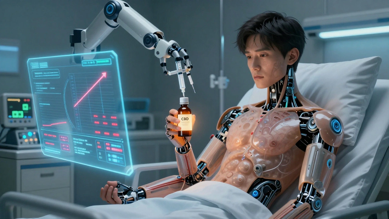 A patient holding CBD while a robotic arm monitors dangerous drug level spikes in their bloodstream, with holographic alerts flashing.