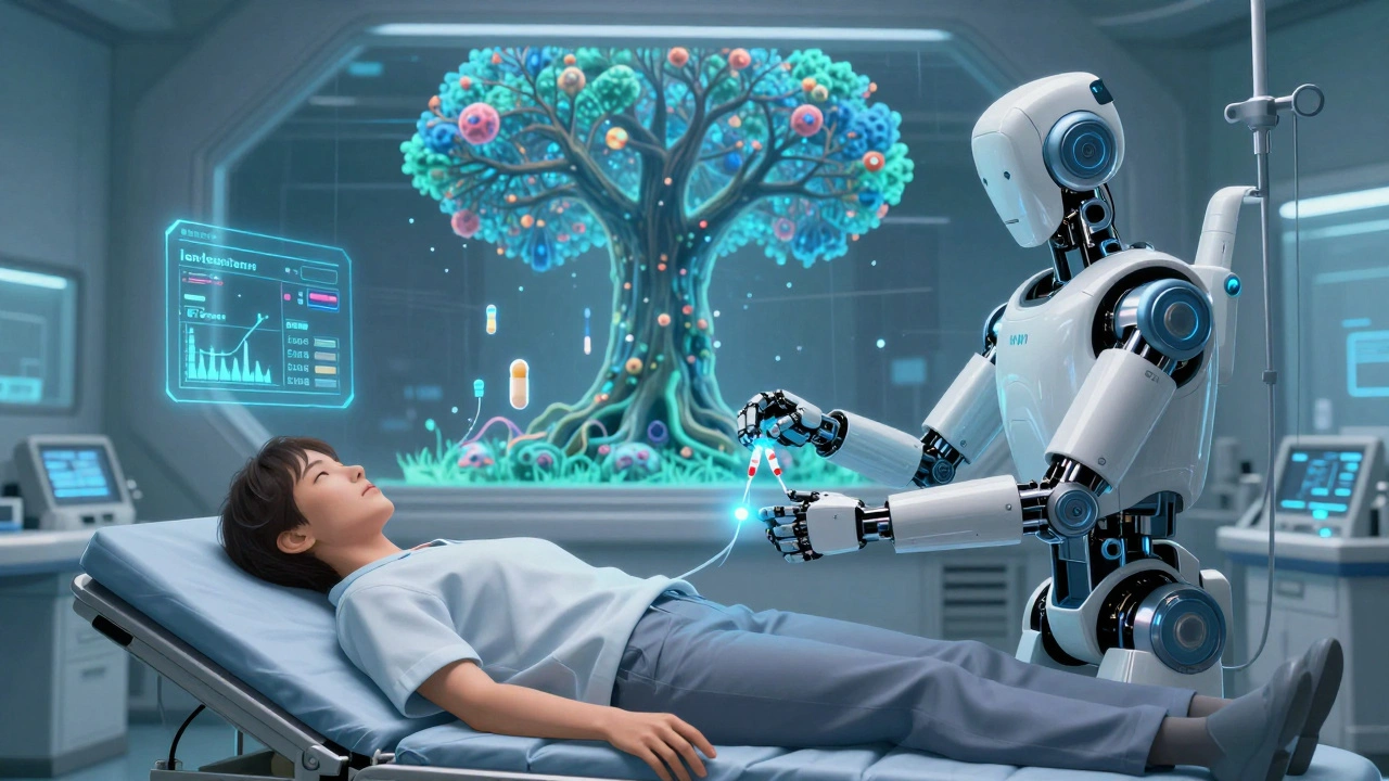 A patient receiving aspirin desensitization with a robotic nurse and holographic health data displays.